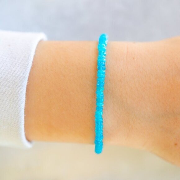 Blue Fire Opal Beaded Bracelet Gold Chain Waterproof Ethiopian Opal Bracelet - Picture 12 of 12